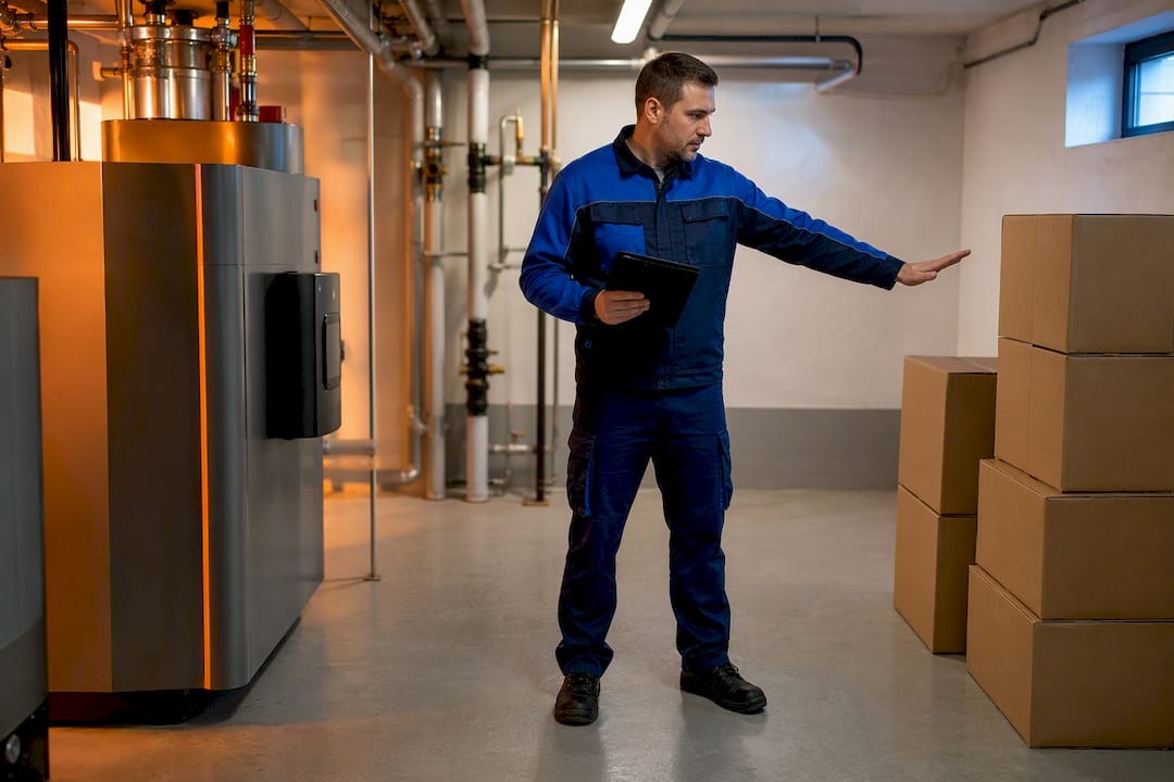 Der Hausmeister überprüft das Brandrisiko neben der Heizungsanlage