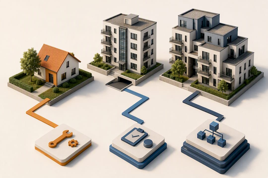 Die Illustration ordnet den Gebäudegrößen die entsprechenden Serviceebenen zu