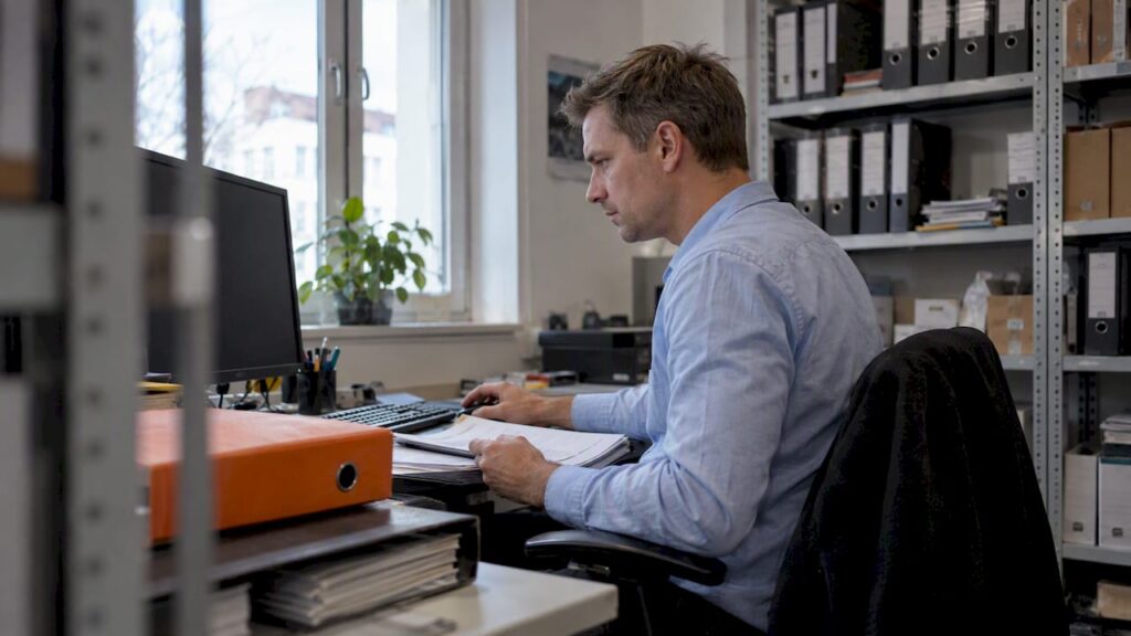 Hausverwalter überprüft digitale Datenablage im Archiv