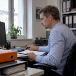 Hausverwalter überprüft digitale Datenablage im Archiv