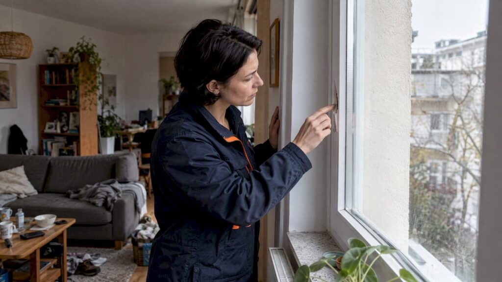 Hausverwalterin kontrolliert Fenster in der Mietwohnung