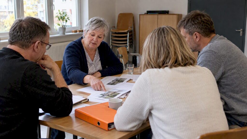Eigentümer der Wohnungseigentümergemeinschaft diskutieren über einen Verwalterwechsel